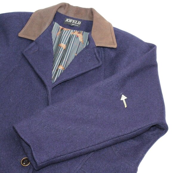 Vintage 80s JOFELD Medium Leather Trim Collar Navy Blue Wool Blend Coat USA - Picture 10 of 12